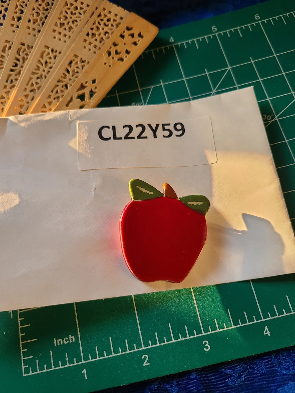 Red Apple Enamel Brooch with Green Leaves